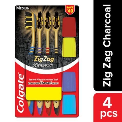 Colgate Colgate ZigZag Charcoal Medium Bristle Toothbrush - 4 Pcs