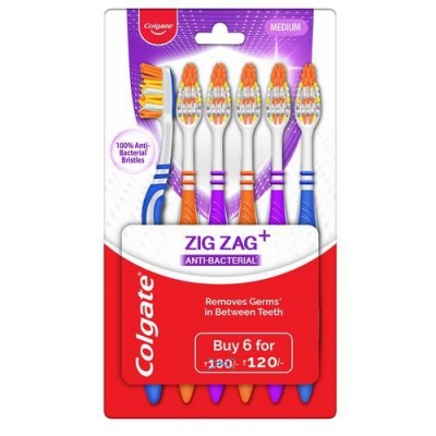 Colgate ZigZag Anti-Bacterial Toothbrush - Medium, 6 pcs