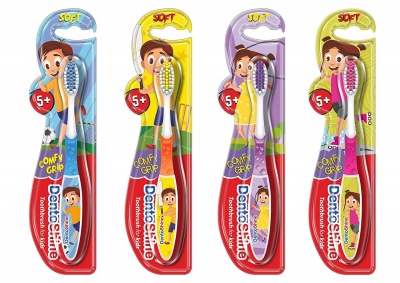 DentoShine COMFY Grip Toothbrush for Kids Ages 5 Plus (Orange, Blue, Pink, Purple, Pack of 4 designs)