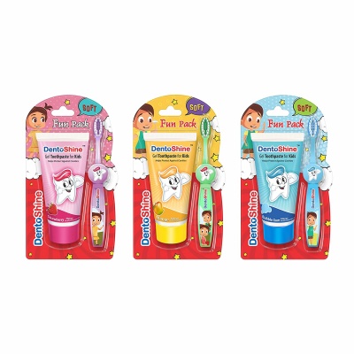 DentoShine Fun Pack for Kids - Pack of 3 Flavors (Strawberry, Mango & Bubble Gum, 80 g each + 3 pcs)
