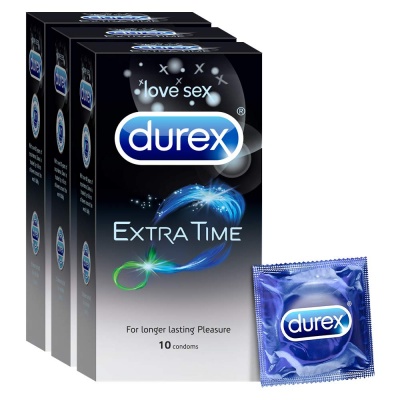 Durex Extra Time Condoms for Men - 10 Count (Pack of 3) | Performa Lubricant for Long Lasting Climax Delay | Suitable for use with lubes 
