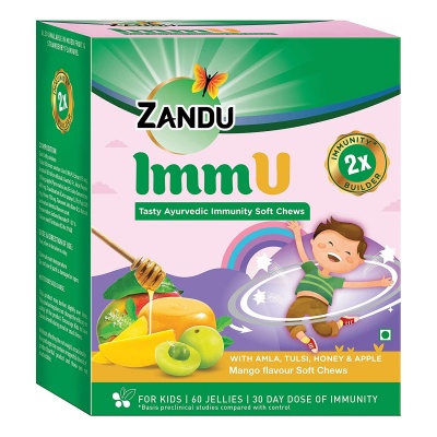 Zandu ImmU Tasty Ayurvedic Soft Chews For Kids | Immunity Booster For Children | Rich In Goodness Of Amla, Tulsi, Apple And Honey |Mango Flavour (60 Jellies)
