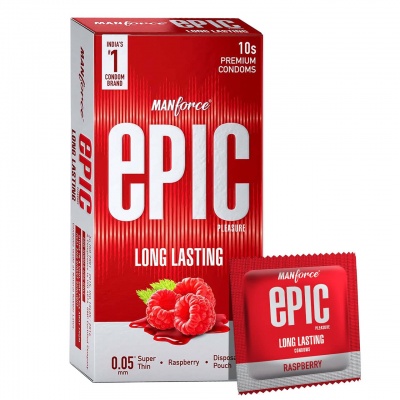 Manforce Epic Pleasure Long Lasting Premium Condoms for Men, Super Thin, Raspberry Flavour, Disposable Pouch (10 Pack)