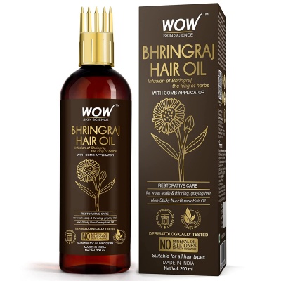 WOW Skin Science Bhringraj Hair Oil - with Comb Applicator - for All Hair Types - Non-Sticky & Non-Greasy Hair Oil - No Mineral Oil, Silicones, Synthetic Fragrance - 200mL