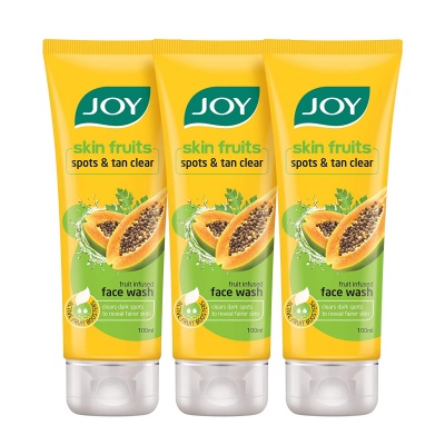 Joy Skin Fruits Spots & Tan Clear Face Wash | With real Papaya extracts & Active Fruit Boosters | Exfoliates and De-tans skin | Papaya Face Wash For Normal to Dry Skin | Pack of 3 X 100 ml