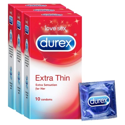 Durex Extra Thin Condoms for Men - 10 Count (Pack of 3) | Suitable for use with lubes & toys