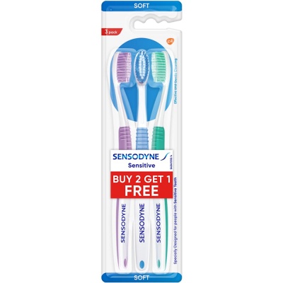 Sensodyne Toothbrush: Sensitive tooth brush with soft rounded bristles, 3 pieces (Buy 2 Get 1 free)