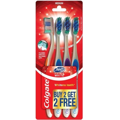 Colgate 360° Visible White Medium Toothbrush (Buy 2 Get 2 Free) Pack Of 4
